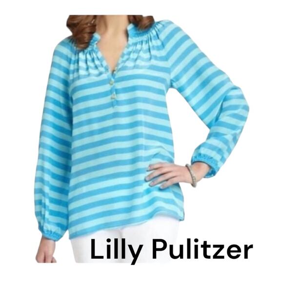 Lilly Pulitzer womens xs silk elsa top stripe blue coastal prep cute - Picture 1 of 9